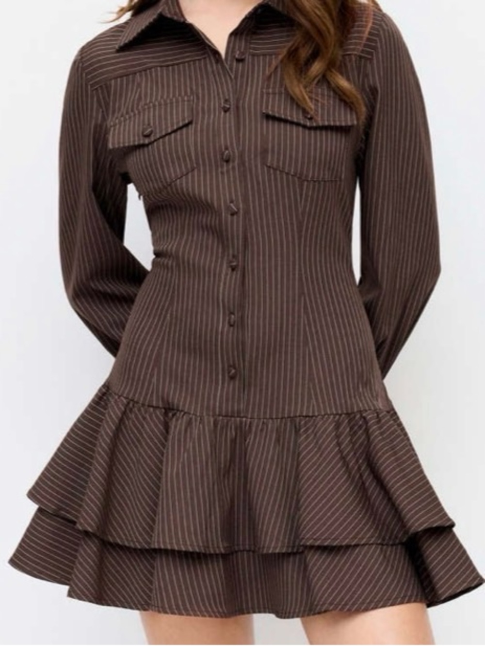 Cider Brown Pinstripe Tiered Long-Sleeve Shirt Dress - Picture 1 of 3